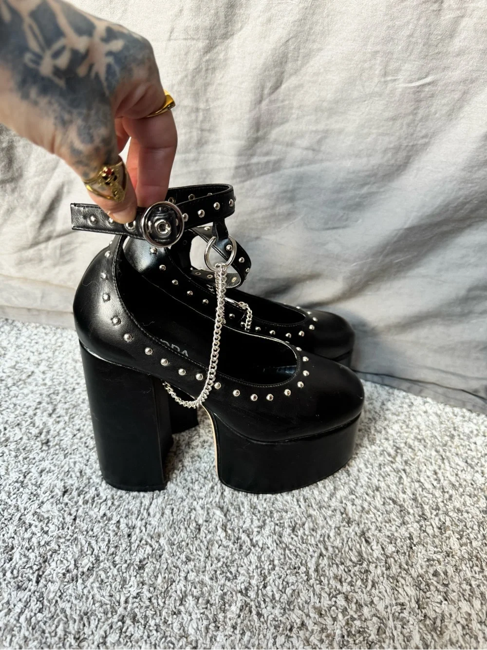 Black Platform Mary Jane Heels with Silver Studs & Chain Trim